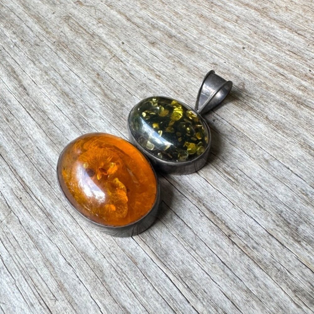 Baltic Amber Pendant With Green And Cognac Stones Sterling Silver